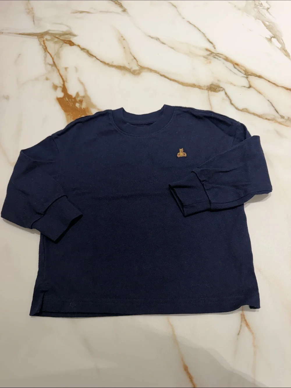 GAP Navy Long-Sleeve Tee with Small Brown Bear Embroidery 2T